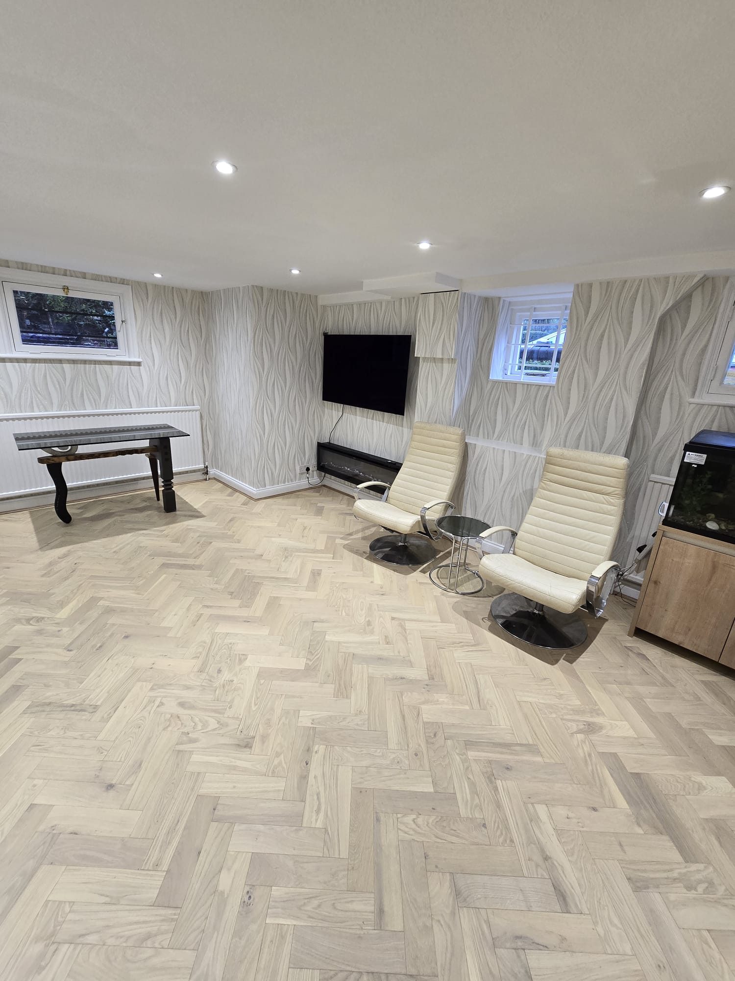 Living room after herringbone flooring