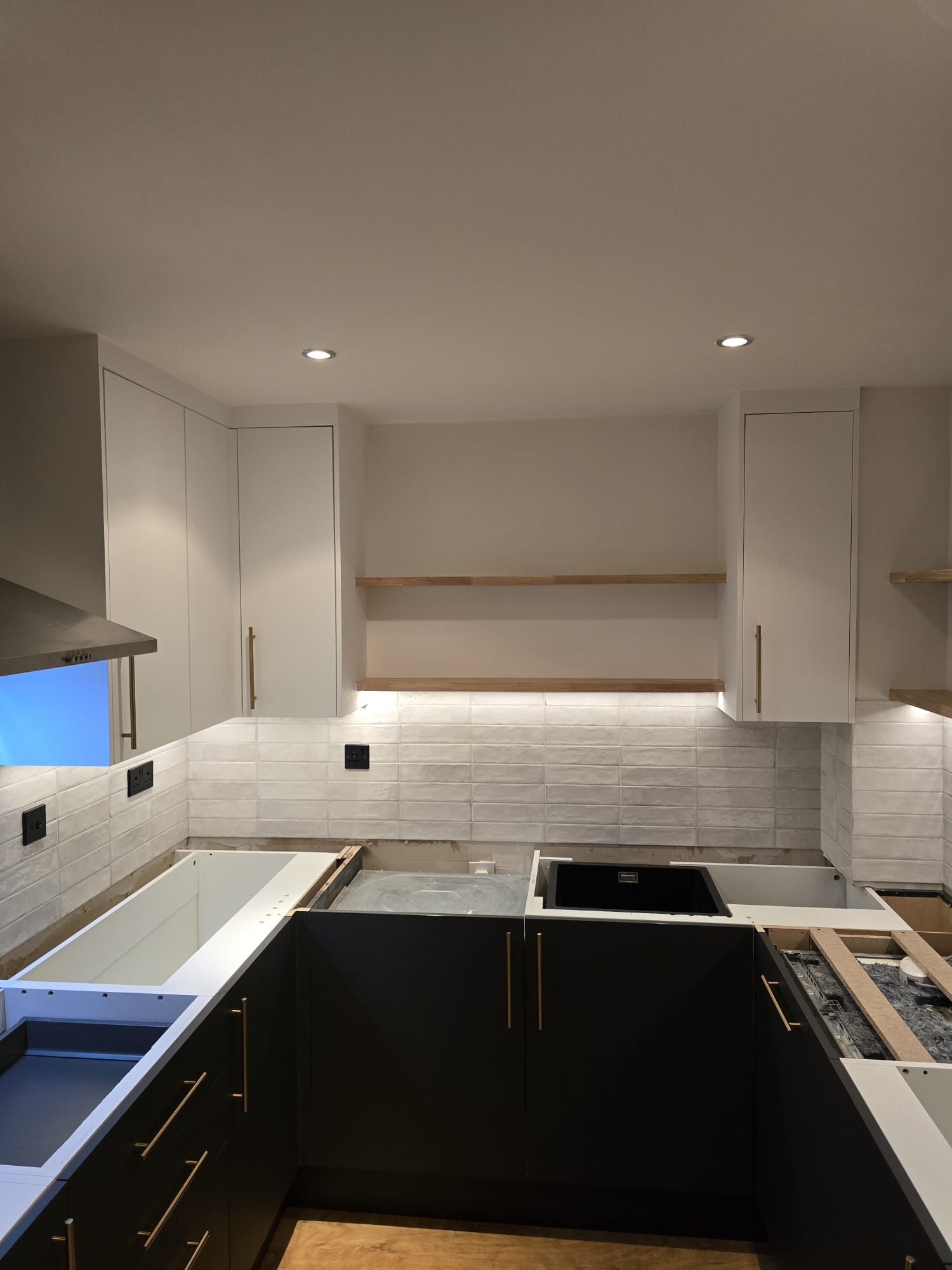 Kitchen cabinets and shelving during installation