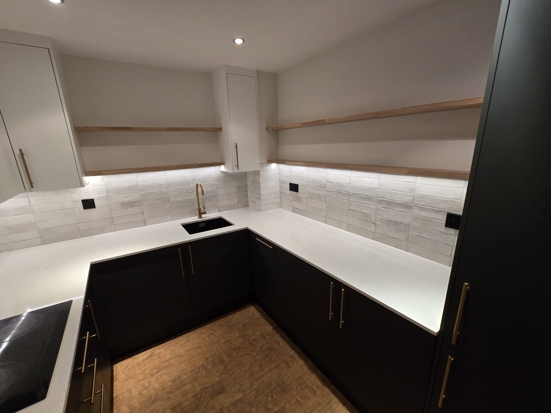 Finished kitchen with open timber shelves